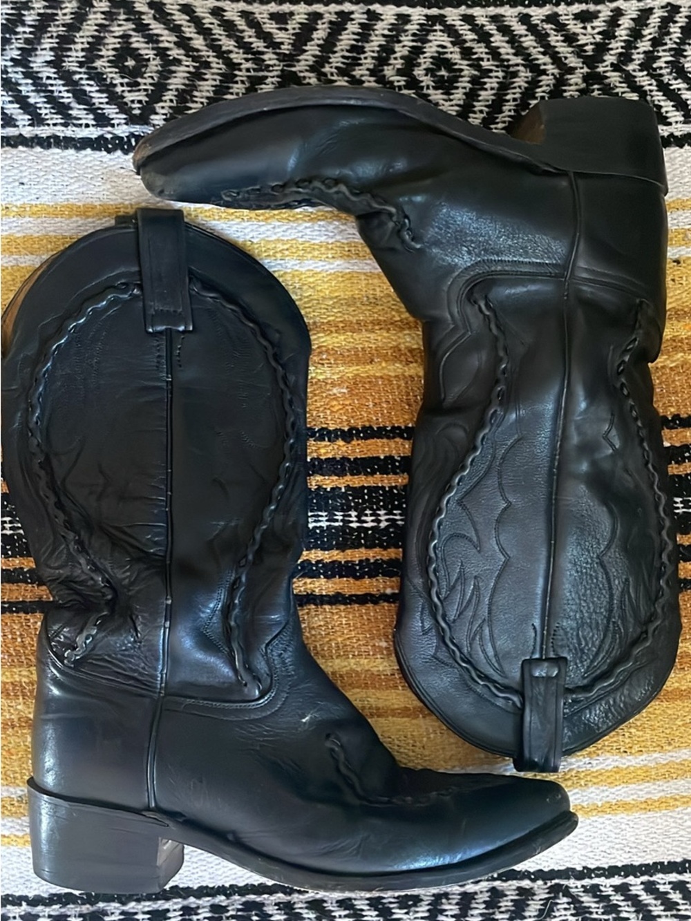 Vintage Dan Post Phoenix 26660 Black Leather Western Cowboy Boots w/Buck-stitch